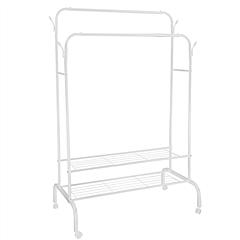 Garment Hanging Rack Clothing Hanging Rail Pillow Shoe Display Organizer Clothes Organizer Stand with 2 Rails 2 Shelves 4 Rolling Wheels 4 Hooks