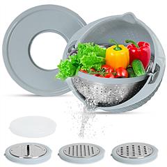 Multifunctional Mixing Bowl with Lid Set 3 Replaceable Graters Food Strainer and Colander Fruit Vegetable Washing Basket Stainless Steel