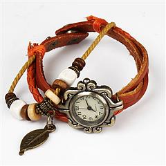 Beautiful Bohemian Style Retro Handmade Leather Tree Leaf Women's Watches-orange