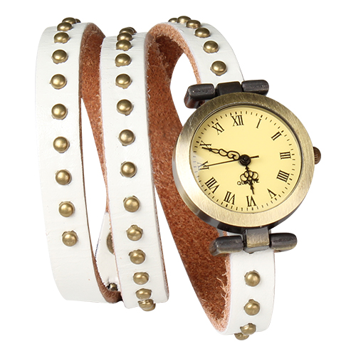 Fashionable Rivet Leather Belt Retro Watch Hand Chain-white