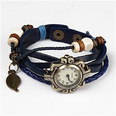 Beautiful Bohemian Style Retro Handmade Leather Tree Leaf Women's Watches-blue