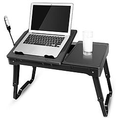 Foldable Laptop Table Bed Notebook Desk w/Cooling Fan Mouse Board LED light 4 x USB Ports Breakfast Snacking Tray with Storage Groove For Home Office 