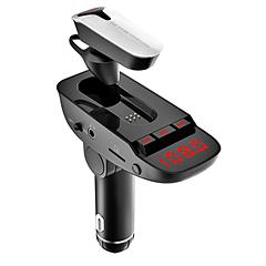 Car FM Transmitter w/ Wireless Earpiece 2 USB Charge Ports Hands-free Call MP3 Player TF Card Aux-in
