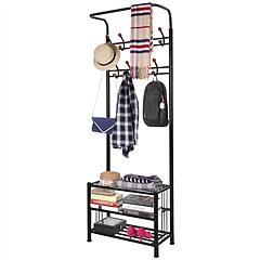 Metal Entryway Coat Shoe Rack Hall Tree w/ 3-Tier Shoe Bench Shoe Storage 18 Hooks Coat Hat Rack