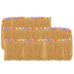 Grass Table Skirt Hawaiian Luau Party Decorations Supplies w/Hibiscus for Buffet BBQ Tiki Bar Beach Birthday Party Use