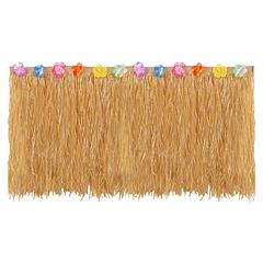 Grass Table Skirt Hawaiian Luau Party Decorations Supplies w/Hibiscus for Buffet BBQ Tiki Bar Beach Birthday Party Use