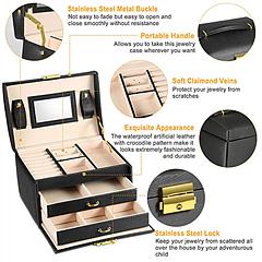 Jewelry Case Organizer 3-layer Lockable Travel Jewelry Box PU Leather Storage Display Case with Mirror Protective for Bracelets Earrings Rings Necklac