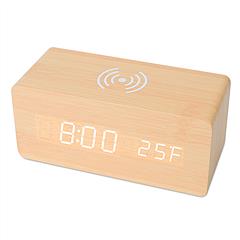 Digital Alarm Clock Qi-Wireless Charger Time Temperature Calendar Display Clock w/ Voice Control Brightness Adjustment (Bamboo Color)