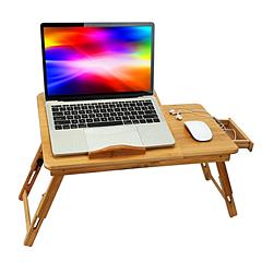 Bamboo Laptop Desk Breakfast Serving Bed Tray Foldable Leg Multi-Position Adjustable Tilt Surface Bed Lap Tray with Side Storage Drawer for Work Study