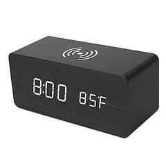 Digital Alarm Clock Qi-Wireless Charger Time Temperature Calendar Display Clock w/ Voice Control Brightness Adjustment (Black)