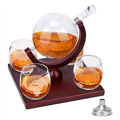 Whiskey Decanter Globe Set w/ 4Pcs 8.45OZ Etched World Whiskey Glasses Wooden Tray Perfect Gift Set for Liquor Scotch Bourbon Vodka