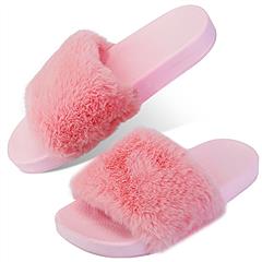 Women Faux Fur Slippers Open Toe Indoor Outdoor Flat Slide Sandals Anti-skid Lady House Shoes