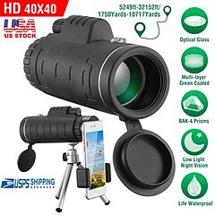 40x40 HD Optical Monocular Telescope w/ FMC Lens Low Light Vision Scope Phone Holder Tripod Compass For Bird Watching Hunting Camping Hiking Sport Eve