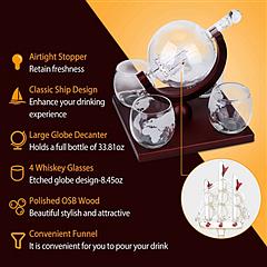 Whiskey Decanter Globe Set w/ 4Pcs 8.45OZ Etched World Whiskey Glasses Wooden Tray Perfect Gift Set for Liquor Scotch Bourbon Vodka