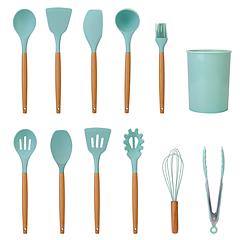 11Pcs Silicone Cooking Utensil Set Heat Resist Wooden Handle Silicone Spatula Turner Ladle Spaghetti Server Tongs Spoon Egg Whish Kitchenware Set w/ H