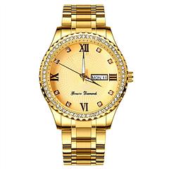 Quartz Watch Luxury Crystal Rhinestone Men Watch Diamond Gold Steel Shiny Round Business Wristwatch w/ Luminous Hands
