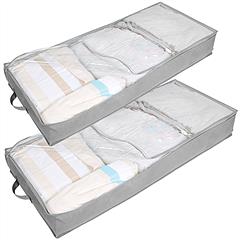 2Pcs 70L Foldable Underbed Clothes Storage Bags Moisture Proof Zipped Organizer Cube Quilt Pillow Blanket Closet Box Bin w/ Transparent Window Dual Si