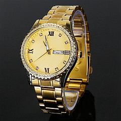 Quartz Watch Luxury Crystal Rhinestone Men Watch Diamond Gold Steel Shiny Round Business Wristwatch w/ Luminous Hands