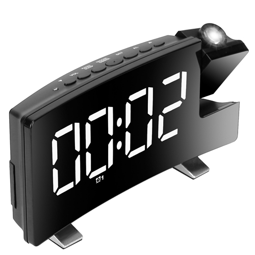 Projection Alarm Clock with Radio Function 7.7In CurvedScreen LED Digital Alarm Clock w/ Dual