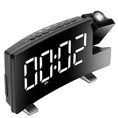 Projection Alarm Clock with Radio Function 7.7In Curved-Screen LED Digital Alarm Clock w/ Dual Alarms 4 Dimmer 12/24 Hour USB Charging Port 180° Rotat