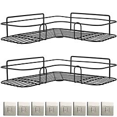 2Pcs Corner Shower Caddy Shelves Wall Mounted Basket Rack Bathroom Shampoo Holder Storage Organizer W/ 8Pcs Adhesive Hooks For Toilet Dorm Kitchen