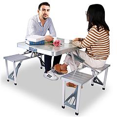Folding Picnic Table w/ 4 Seats Umbrella Hole 33.7x26.4in Portable Aluminum Table Total 859LBS Weight Capacity for Camping Barbeque Outdoor