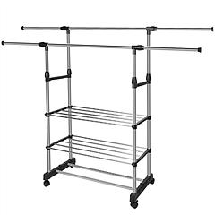 Extendable Garment Hanging Rack Clothing Hanging Rail Pillow Shoe Display Organizer w/ Rolling Wheels Hold up to 77LBS