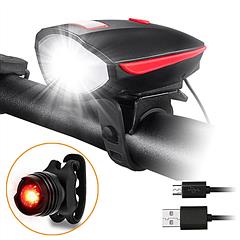 Bike Bicycle Light Set Bike Headlight Rechargeable LED Bicycle Front Light w/ Loud Horn Rear Tail Light
