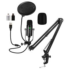 USB Condenser Microphone Set Professional Cardioid Studio Mic w/ Pop Filter Dual Adapters Scissor Arm Stand for Computer Phone Streaming Gaming