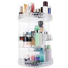 360° Rotating Makeup Organizer Clear Cosmetic Storage Rack Transparent Jewelry Display Box Case with 4 Trays One 17-Slot Top Shelf
