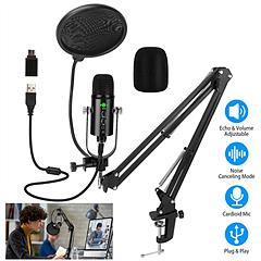 USB Condenser Microphone Set Professional Cardioid Studio Mic w/ Pop Filter Type-C Adapter Scissor Arm Stand for Computer Phone Streaming Gaming