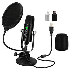 USB Condenser Microphone Set Professional Cardioid Studio Mic w/ Pop Filter Dual Adapters for Computer Phone Recording Streaming Gaming