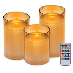 3Packs Flameless Candles Battery Operated Pillar Real Wax LED Glass Candle Warm White with Remote Control Timer