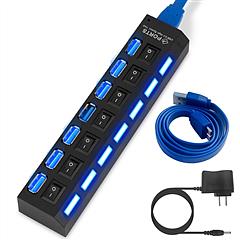 7-Port USB 3.0 Hub High Speed Multiport Data USB Hub with Individual Power Switches LEDs Power Adapter Fit for Laptop PC MacBook
