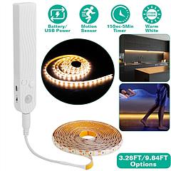 3.28FT PIR Motion Sensor Strip Light Battery Powered LED Light Strip USB String Night Lamp with Auto Shut-Off Timer for Kitchen Under Cabinet Wardrobe