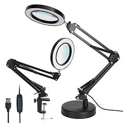 2-in-1 LED Magnifier Desk Lamp 8x Magnifying Glass with Light Swing Arm Desk Table Light USB Reading Lamp with Clamp Stand 10 Brightness 3 Modes