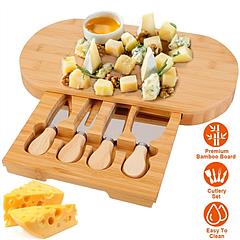 Oval Bamboo Cheese Board Knife Set Wooden Cheese Serving Platter Tray with 4 Stainless Steel Knives Pull-out Storage Drawer for Wedding Birthdays