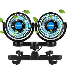 Electric Car Fan 12V Dual Head Car Cooling Fan for Rear Seat Passenger 360° Adjustable Cigarette Plug 4.3in Auto Air Cooling Fan
