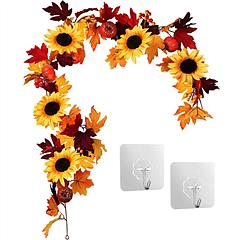 5.6ft Artificial Maple Leaf Garland Hanging Plant Vine Fake Berries Sunflower Foliage Pumpkin Autumn Fall Decor for Wedding Halloween Thanksgiving Din