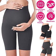 Women Maternity Shorts Seamless Pregnancy Underwear Shapewear Fitness Yoga Running Shorts High Waist Over The Belly Pants with Two Side Pockets