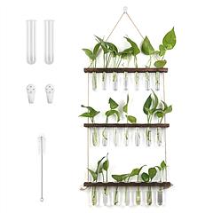 3-Tier Wall Hanging Planter Glass Hydroponic Vase Plant Flower Propagation Tube Planter Terrarium with Wooden Stand