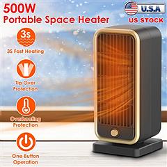 500W Portable Electric Heater PTC Ceramic Heating Space Heater Overheating Tip Over Protection 3S Heating Space For 322 Sq FT Home Office Use