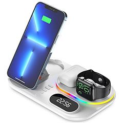 4 in 1 Wireless Charger Foldable Fast Charging Station Stand Dock with Digital Clock Nightlight Fit for iWatch Airpod 2/3/Pro iPhone 13 12 11 Pro Sams
