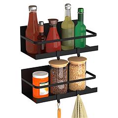 2 Packs Magnetic Spice Holder Rack Organizer Strong Magnetic Seasoning Storage Shelf with 4 Removable Hooks for Refrigerator Microwave