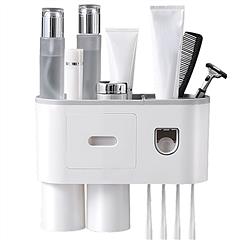 Multifunctional Wall Mount Toothbrush Holder Rack Organizer Hand-free Automatic Toothpaste Dispenser Squeezer with Magnetic Cups 4 Toothbrush Slots 1 