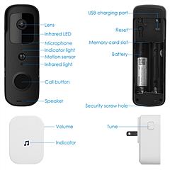 Wireless Smart Wi-Fi Video Doorbell Security Phone Door Ring Intercom Camera Two Way Audio Night Vision 1080P Motion Detection Battery Operated