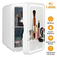 6L/1.6GAL Portable Beauty Fridge Mini Cosmetic Refrigerator AC/DC Skincare Makeup Cooler Warmer with Mirror Door 3-Brightness Light for Bedroom Travel