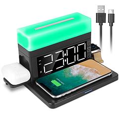 3 in 1 Wireless Charger Fast Charging Station Dock with Alarm Clock and Dimmable Colorful Night Light Fit for iPhone 14/13/12/11/Pro Max/iWatch/AirPod