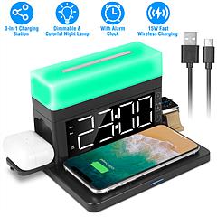 3 in 1 Wireless Charger Fast Charging Station Dock with Alarm Clock and Dimmable Colorful Night Light Fit for iPhone 14/13/12/11/Pro Max/iWatch/AirPod