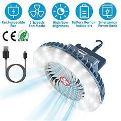 Portable Camping Fan Rechargeable Hanging Tent Lamp Emergency Power Bank with 3 Fan Speeds 2 Lighting Brightness